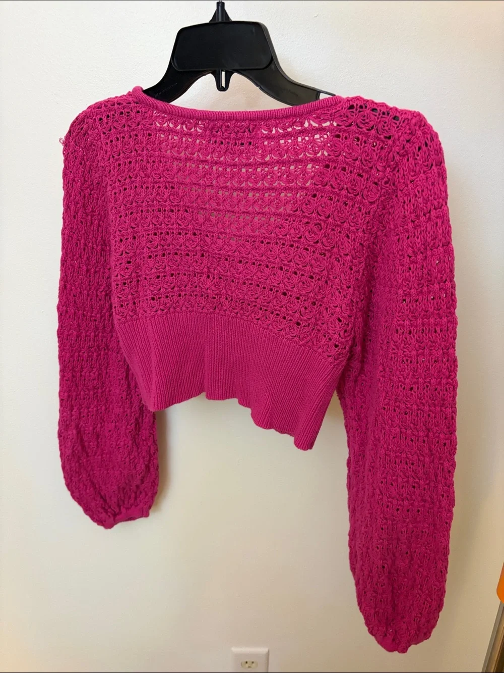 Willow & Wind Fuchsia Crochet Crop V-Neck Sweater